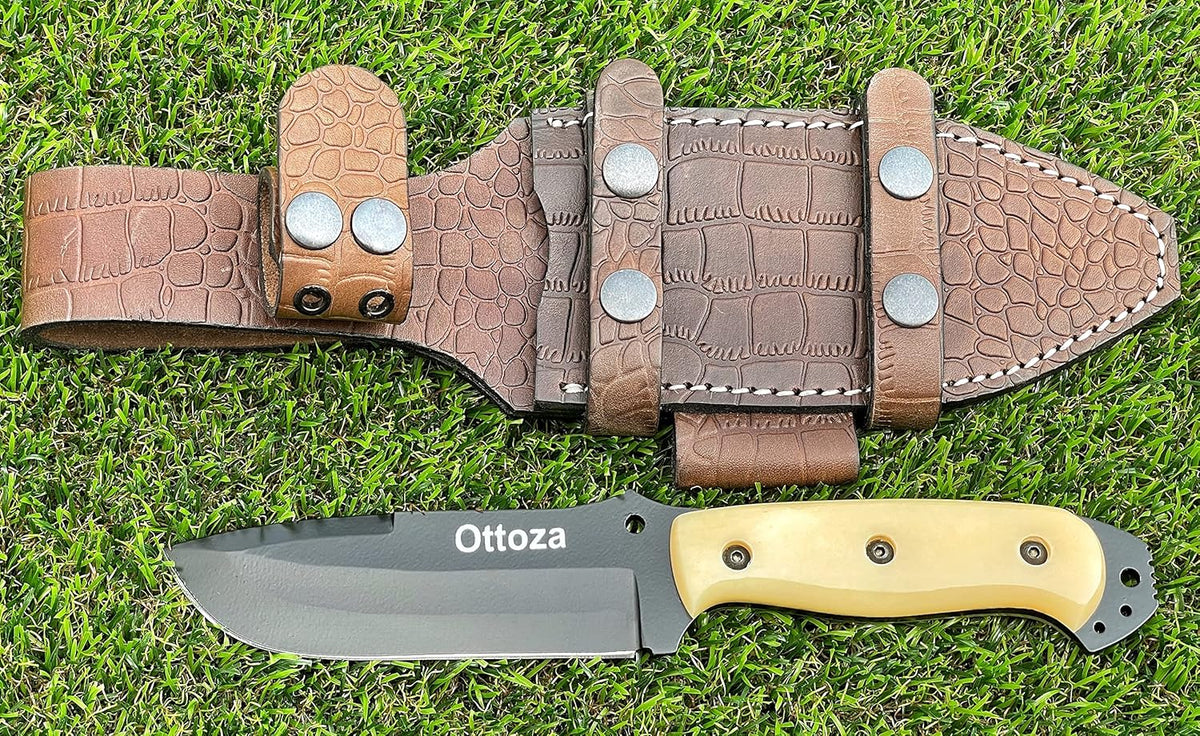 1095 Carbon Steel Bushcraft Knife with Bone Handle and Sheath O9829