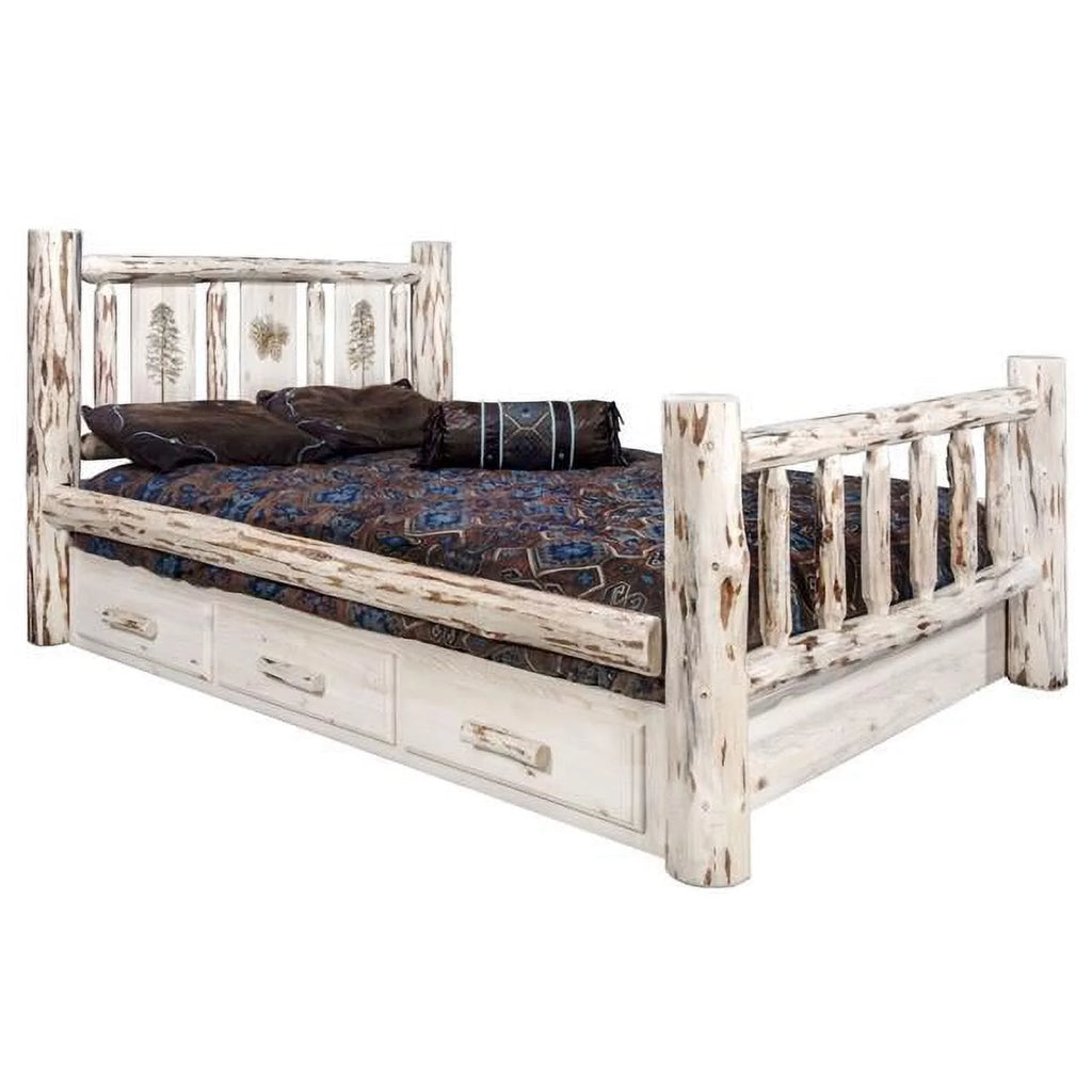 Wood Twin Storage Bed with Laser Engraved Pine in Natural J46731