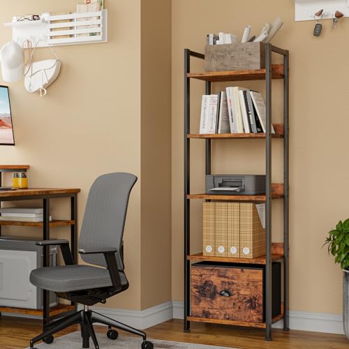 Black 5 Tier Bookshelf with Drawer, Tall Narrow Bookcase, Wood and Metal X7700