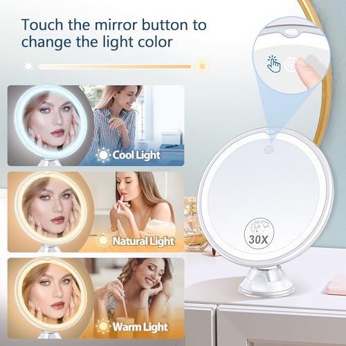 30X Magnifying Mirror with Light, 3 Color Modes, Adjustable Brightness, 1500mAh D990