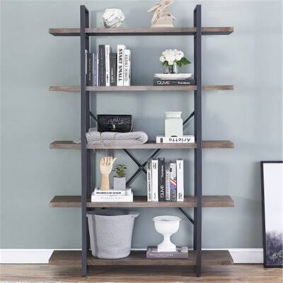 5-Tier Industrial Bookcase with Rustic Wood and Metal Frame B372996
