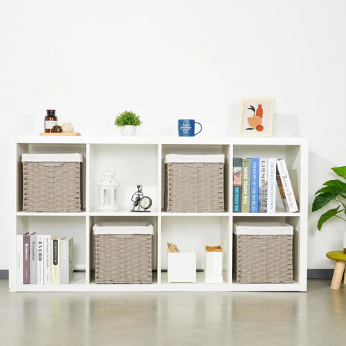 4-Pack Hand-Woven Imitation Wicker Cube Storage Bins with Liners Greyish Beige L74233