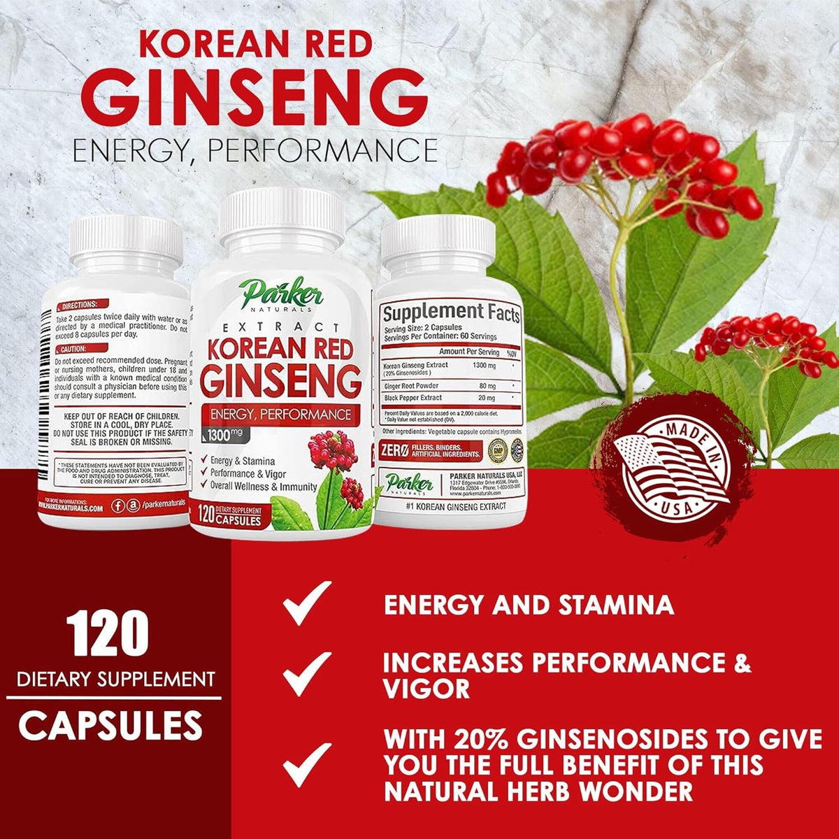 Korean Red Panax Ginseng Extract 1300MG 20% Ginsenosides 120 Caps G4753