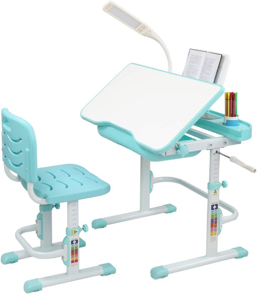 Blue-Green Children Learning Table and Chair with Desk Lamp F56728