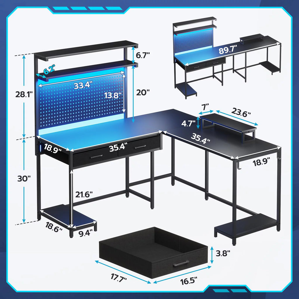 Black Reversible L-Shaped Computer Desk with Hutch and Drawers P388389