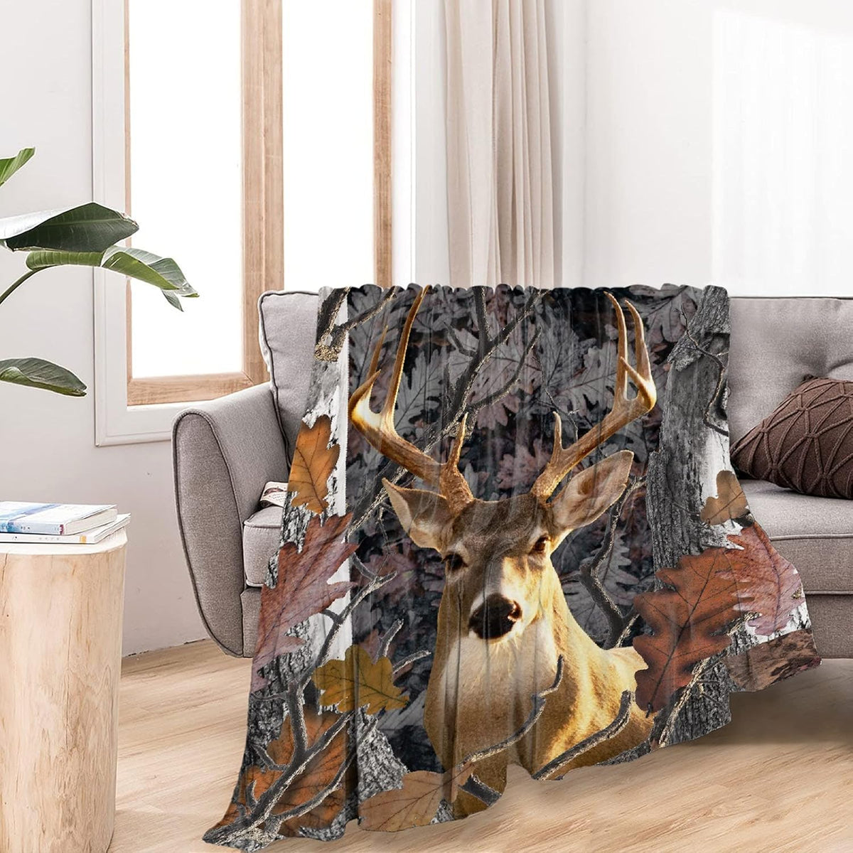 Camo Buck Deer Forest Flannel Blanket 80x60 T15183