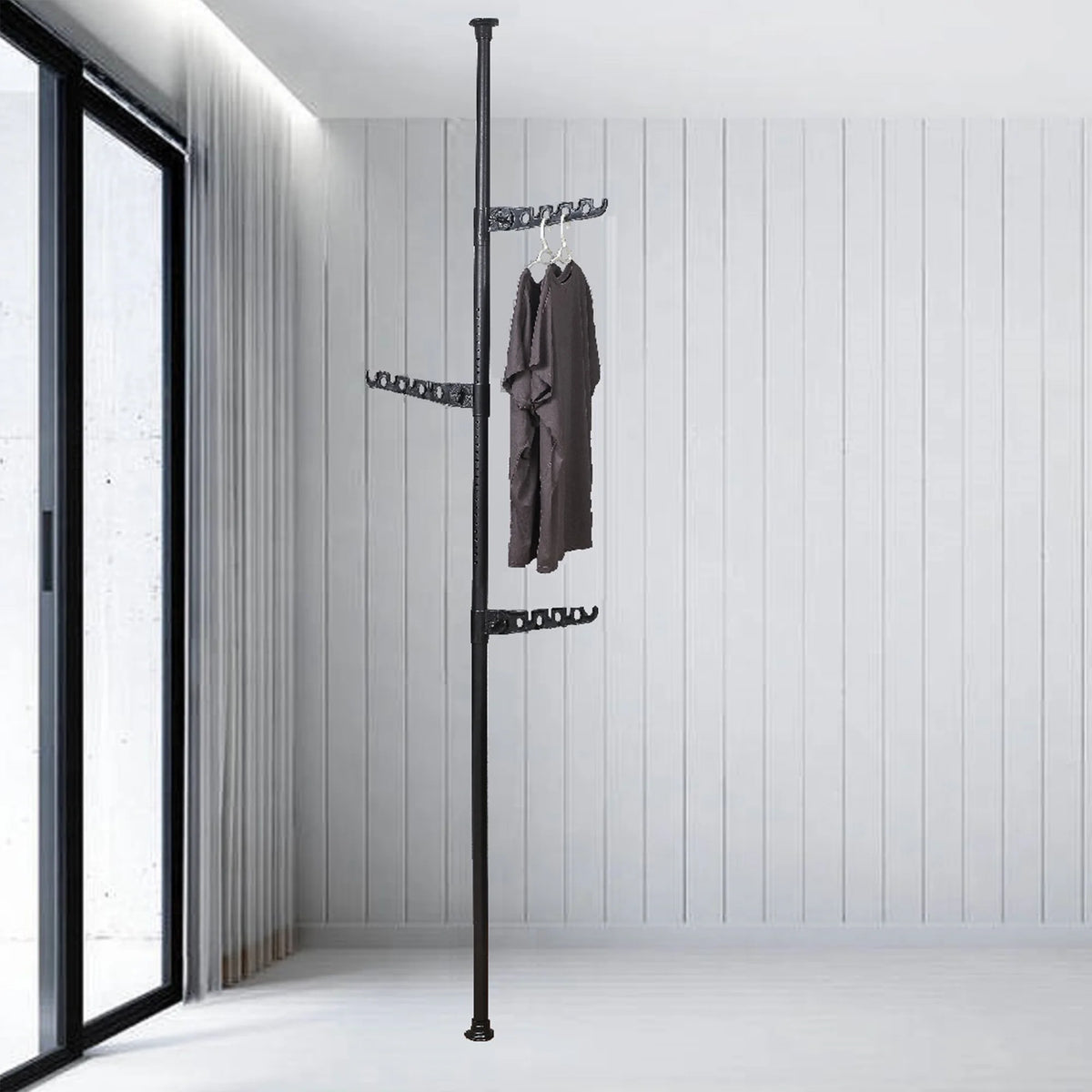 Black Adjustable Floor to Ceiling Tension Clothes Drying Rack C948