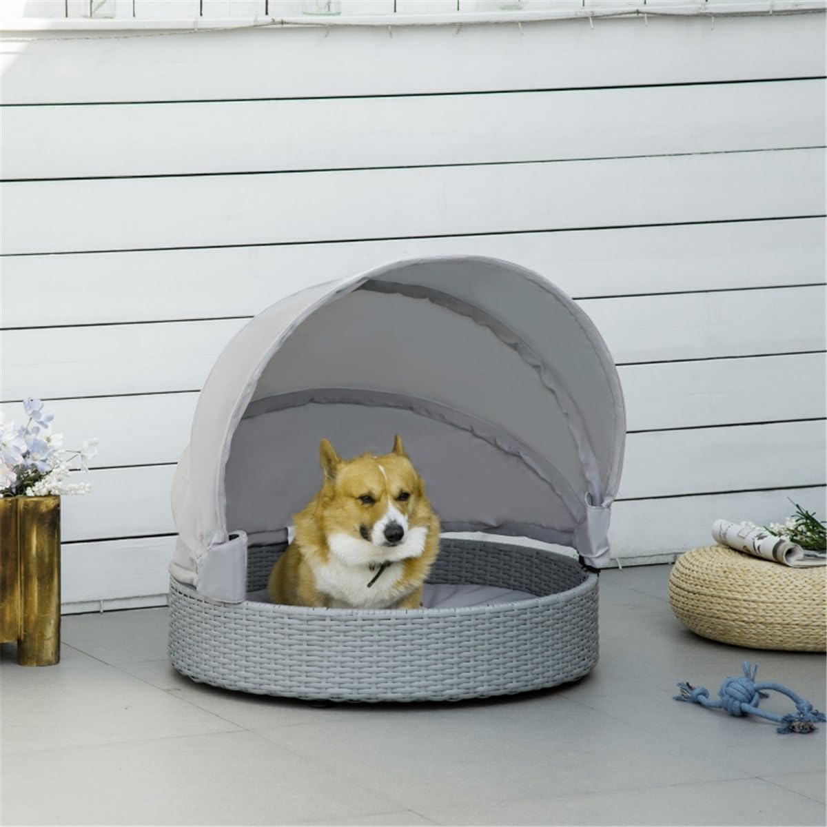 Grey Wicker Rattan Pet Sofa with Cushion W783826