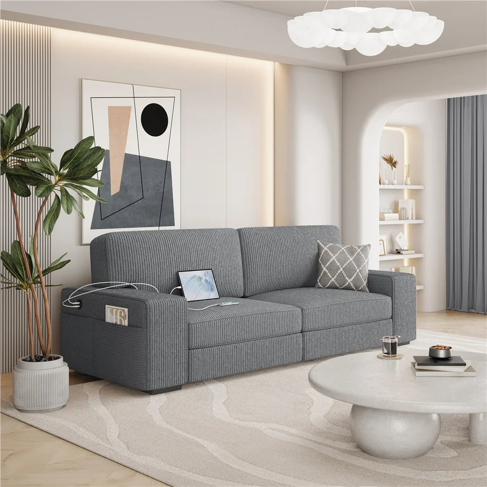 83.5'' W 2-Seater Corduroy Fabric Sofa Couch with USB Charging Ports, Ivory T301381