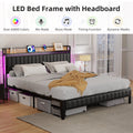 Black Upholstered Platform Bed Frame with Storage Headboard Q10629