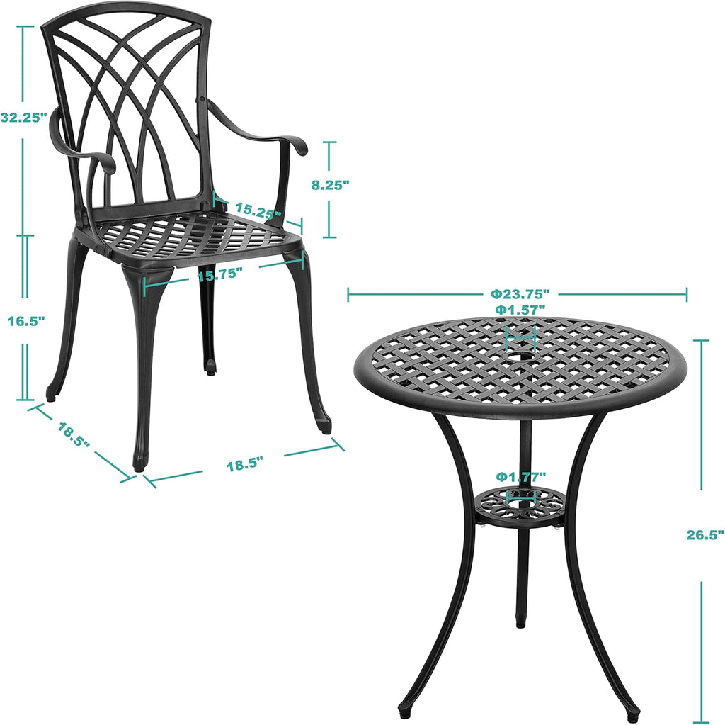 3 Piece Cast Aluminum Patio Bistro Set with Umbrella Hole E660
