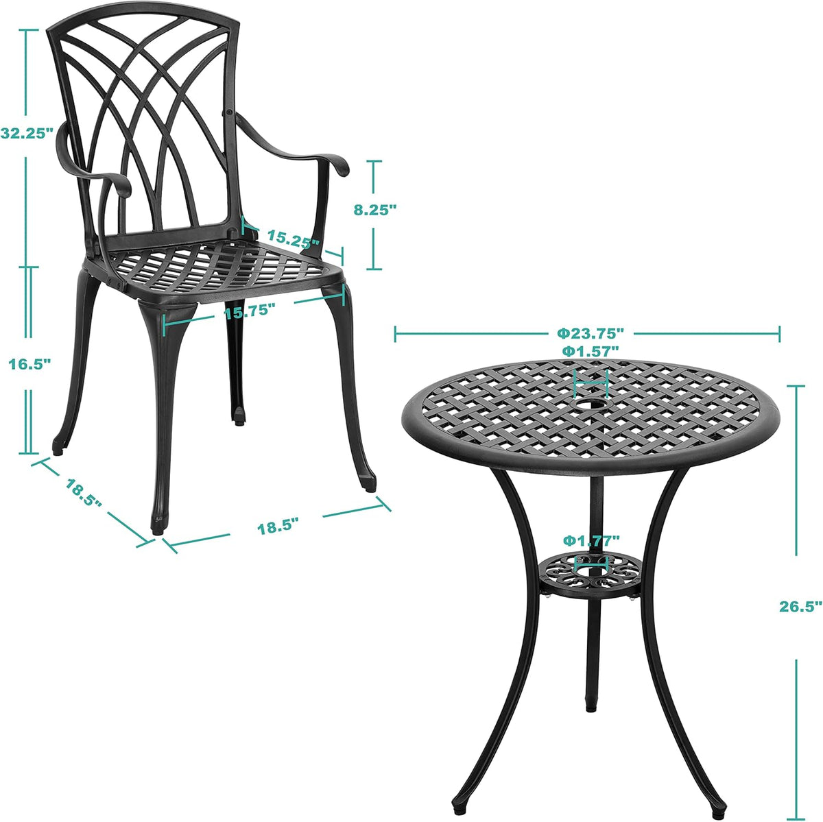 3 Piece Cast Aluminum Patio Bistro Set with Umbrella Hole E660