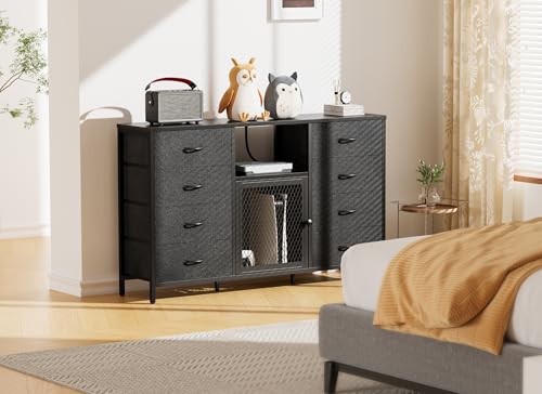 Black 8 Drawer Dresser with LED Lights and Power Outlets E5753