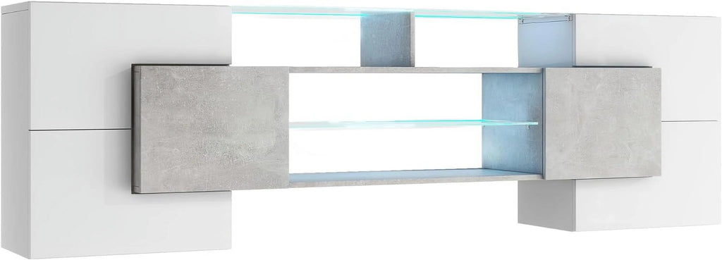 White Grey 78.7 Inch LED TV Stand with 2 Glass Shelves N56878
