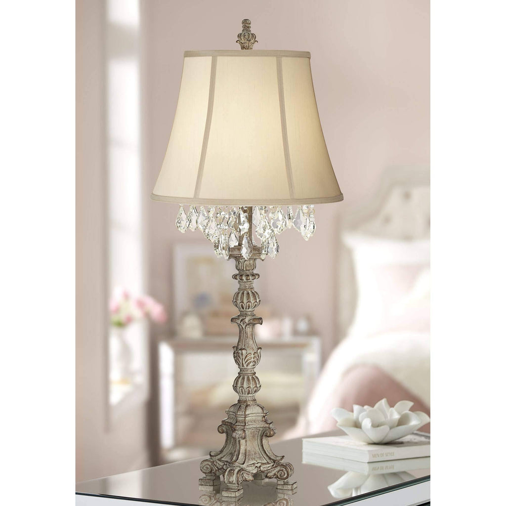 Crystal Antique White Candlestick Table Lamp with Beige Bell Shade K9826