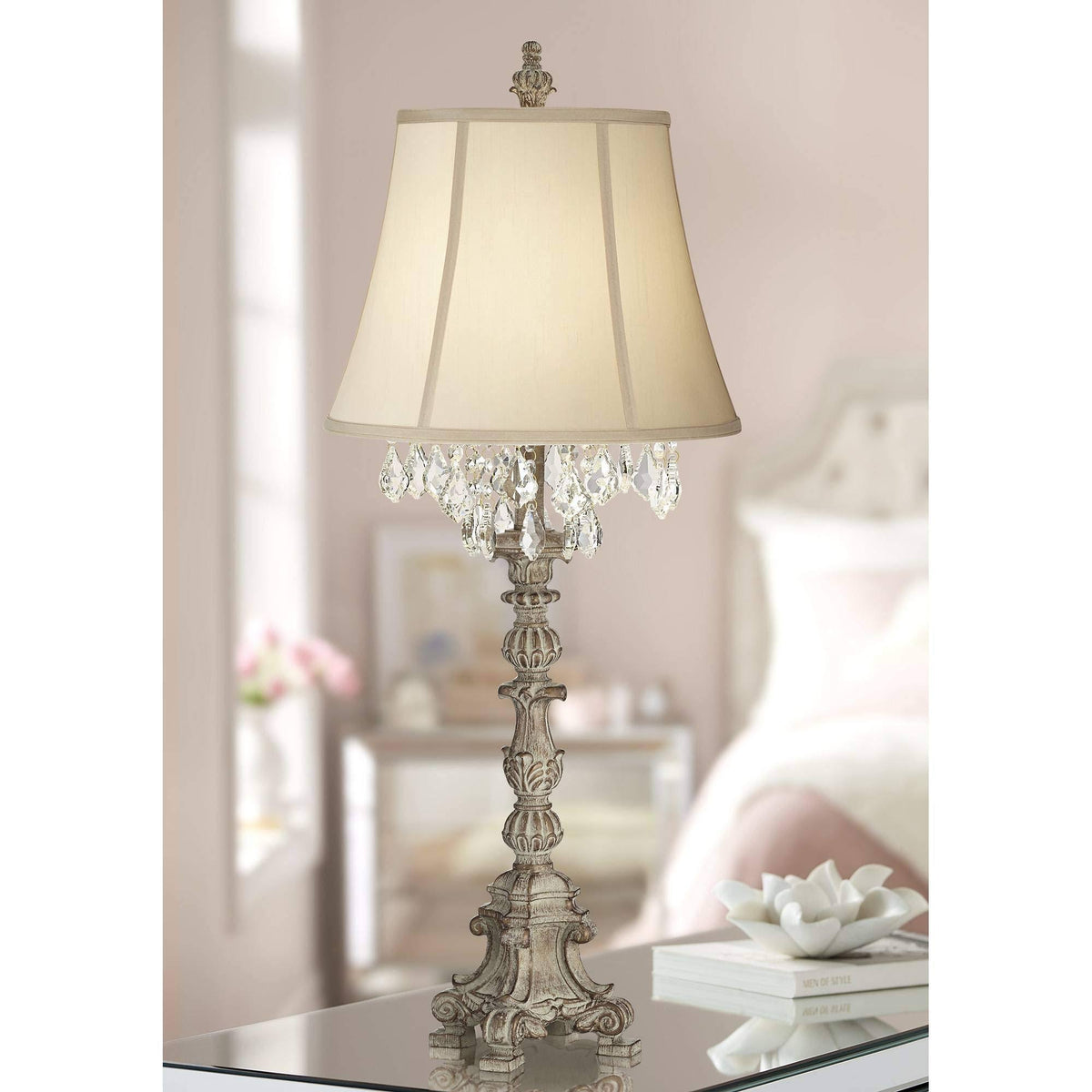 Crystal Antique White Candlestick Table Lamp with Beige Bell Shade K9826