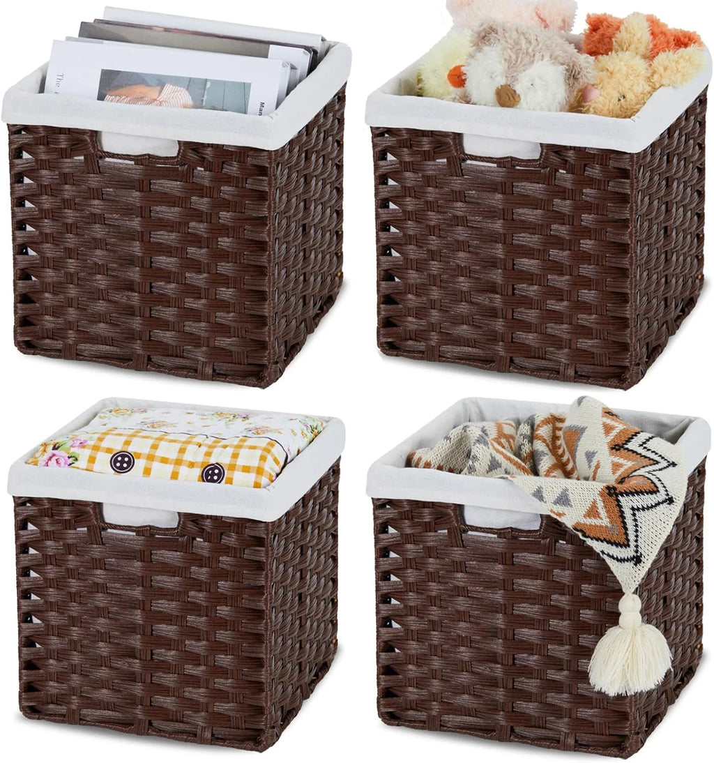 4-Pack Hand-Woven Imitation Wicker Cube Storage Bins with Liners Greyish Beige L74233