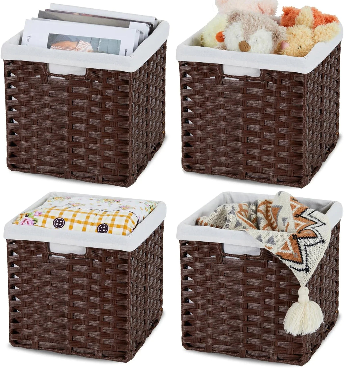 4-Pack Hand-Woven Imitation Wicker Cube Storage Bins with Liners Greyish Beige L74233