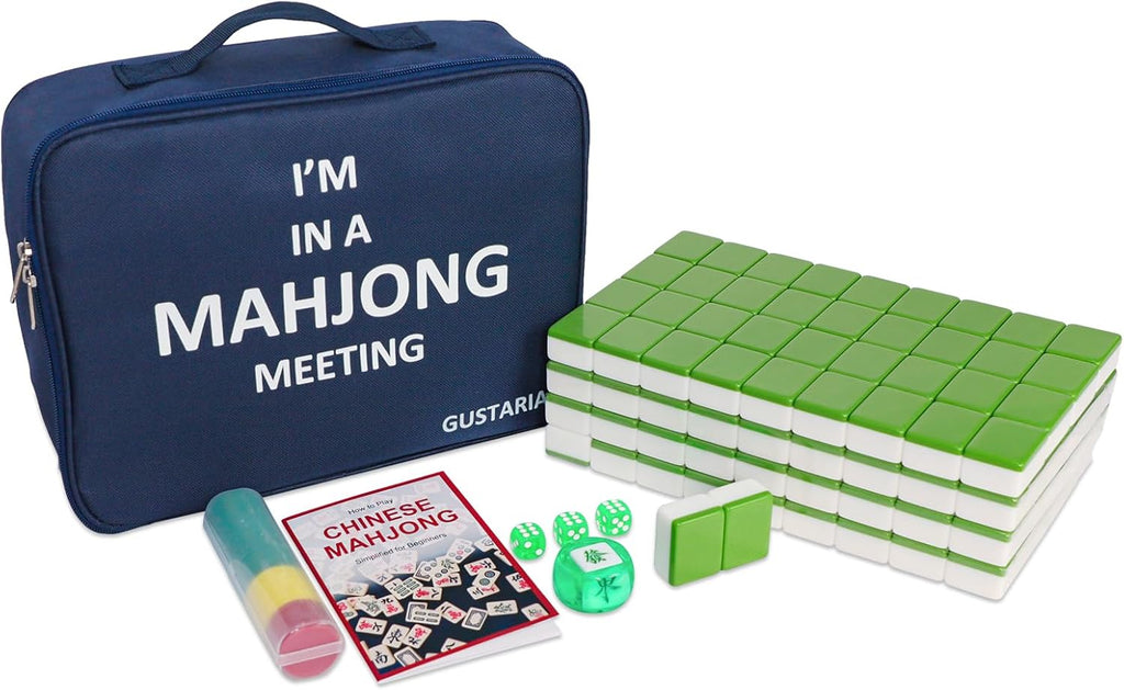 1.65'' Large Size 146 Green Tiles Mahjong Set with Blue Carrying Bag Q4271