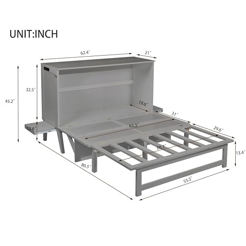 Queen Size Grey Murphy Bed with Charging Station and Drawers A84442