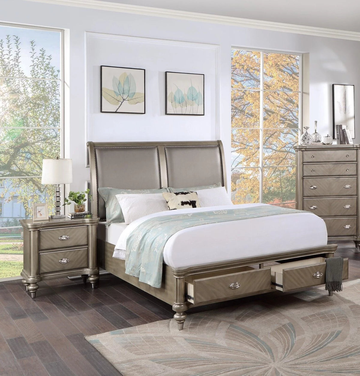 King Size Bed and 2 Nightstands Grey Wooden Veneer 3pc Set G143122