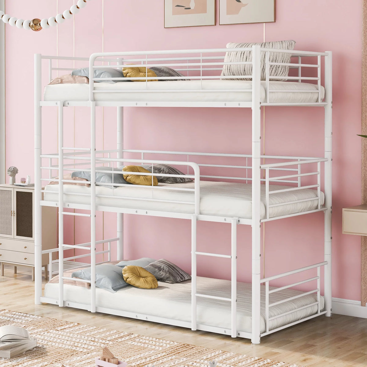 White Metal Triple Bunk Bed Twin Over Twin Over Twin with Built-in Ladder Z7345