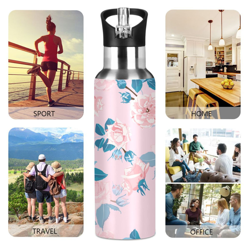 Pink Roses Flower Blue Stainless Steel Insulated Water Bottle with Straw Lid W3490