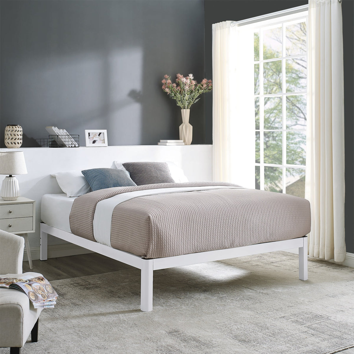 Queen Wood Slat Metal Platform Bed Frame G351341