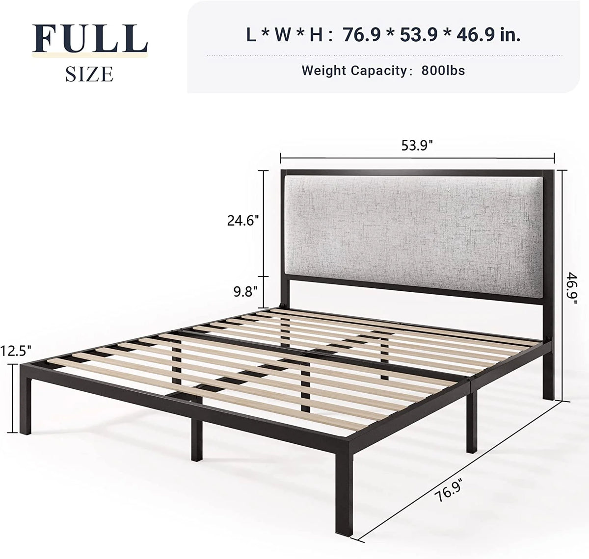 Queen Size Grey Metal Platform Bed Frame with Fabric Upholstered Headboard Z3305