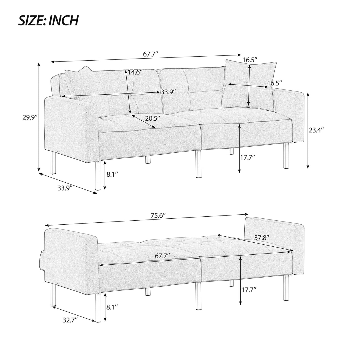 76" Convertible Sofa Bed 2 Seater Linen Yellow T795