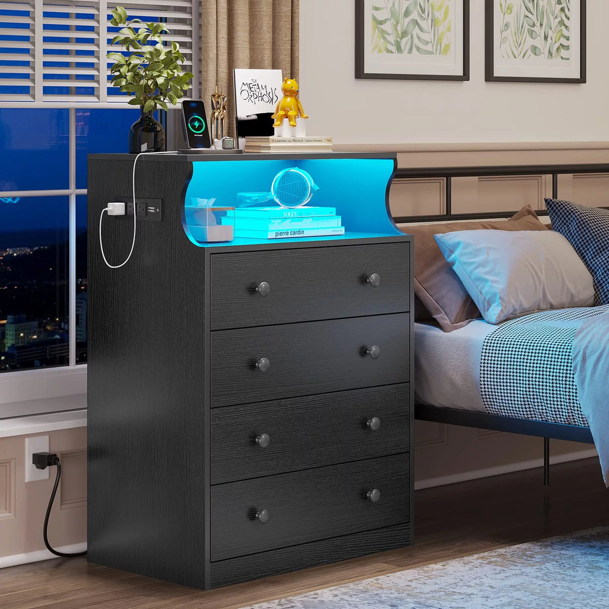 Black 4 Drawer Dresser with Charging Station O2522
