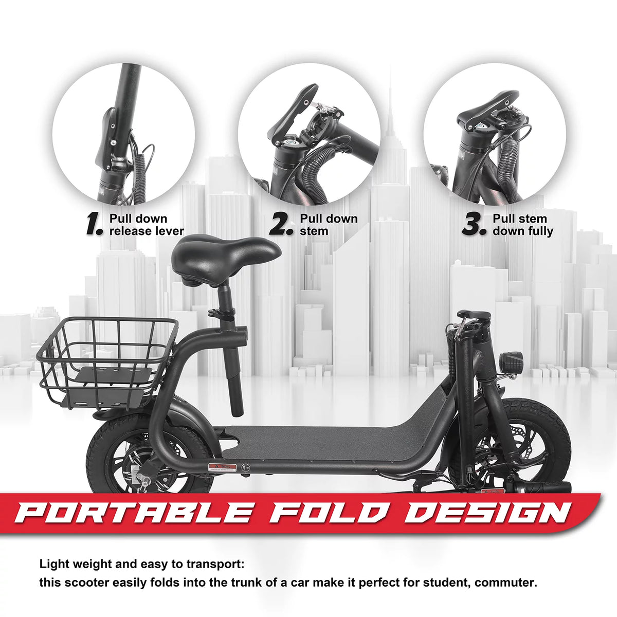 Foldable Electric Scooter with Seat and Carry Basket V777769