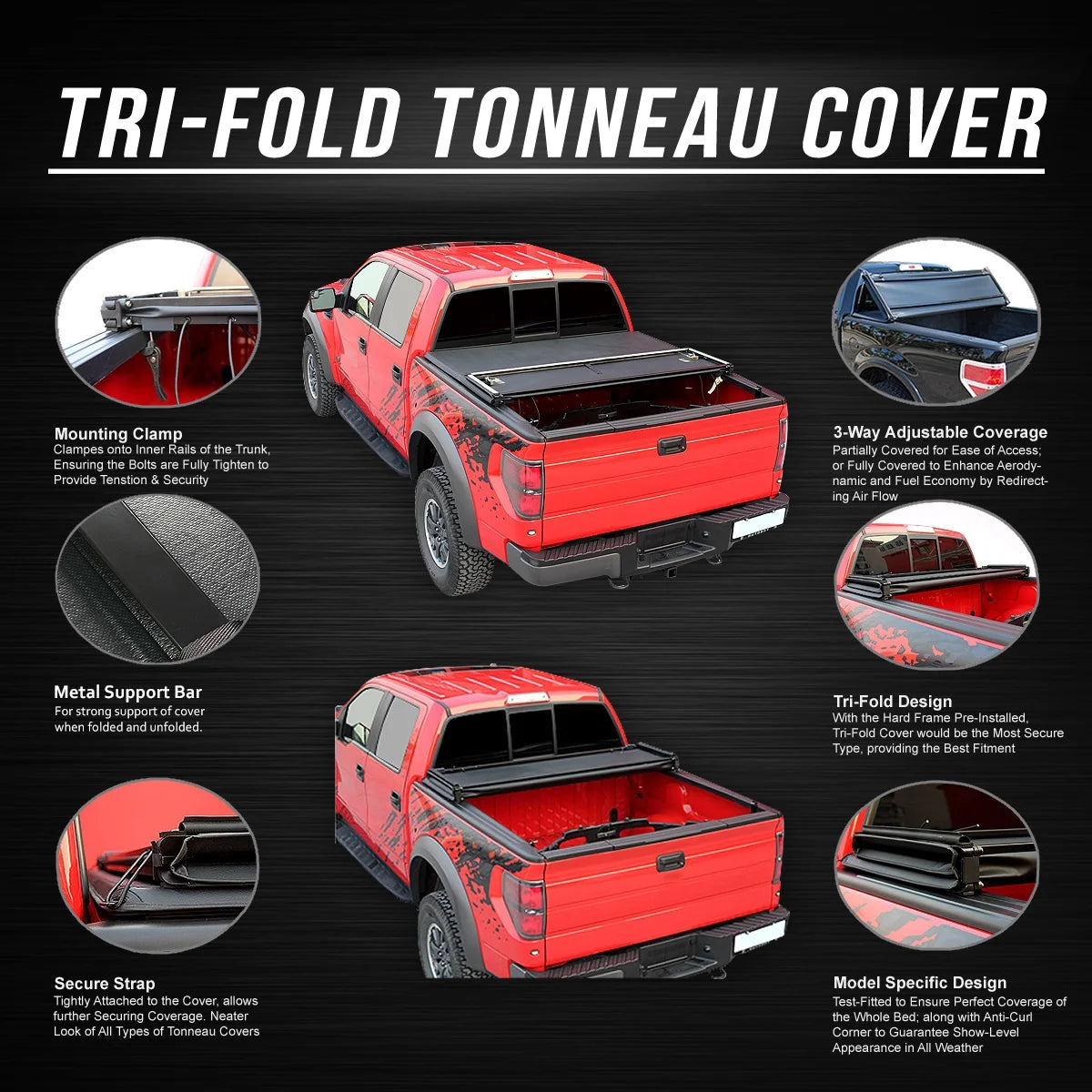 Adjustable Tri-Fold Soft Top Tonneau Cover Z789