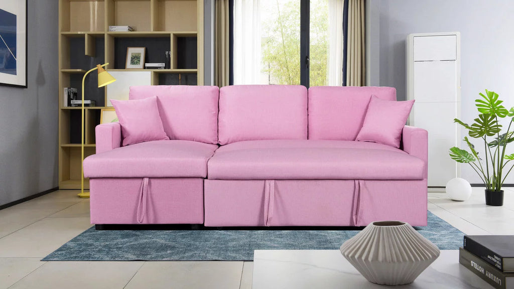Pink Linen Reversible Sleeper Sectional Sofa with Storage Z3039