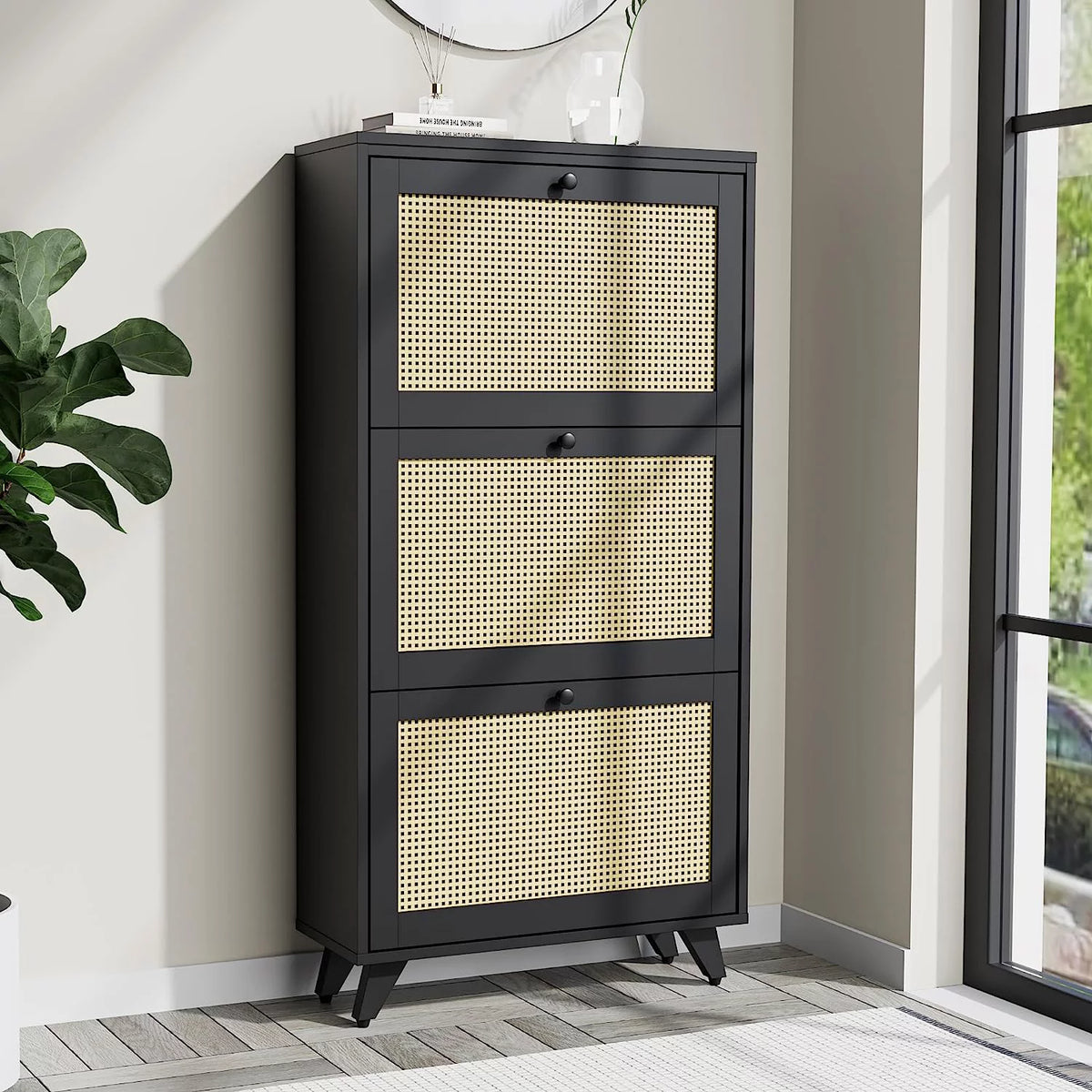 Black Rattan 3 Drawer Narrow Shoe Cabinet X967386