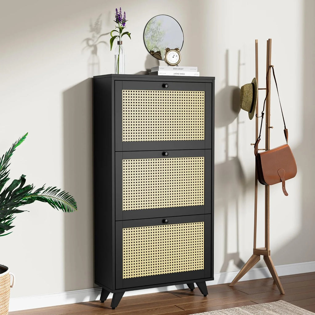 Black Rattan 3 Drawer Narrow Shoe Cabinet X967386