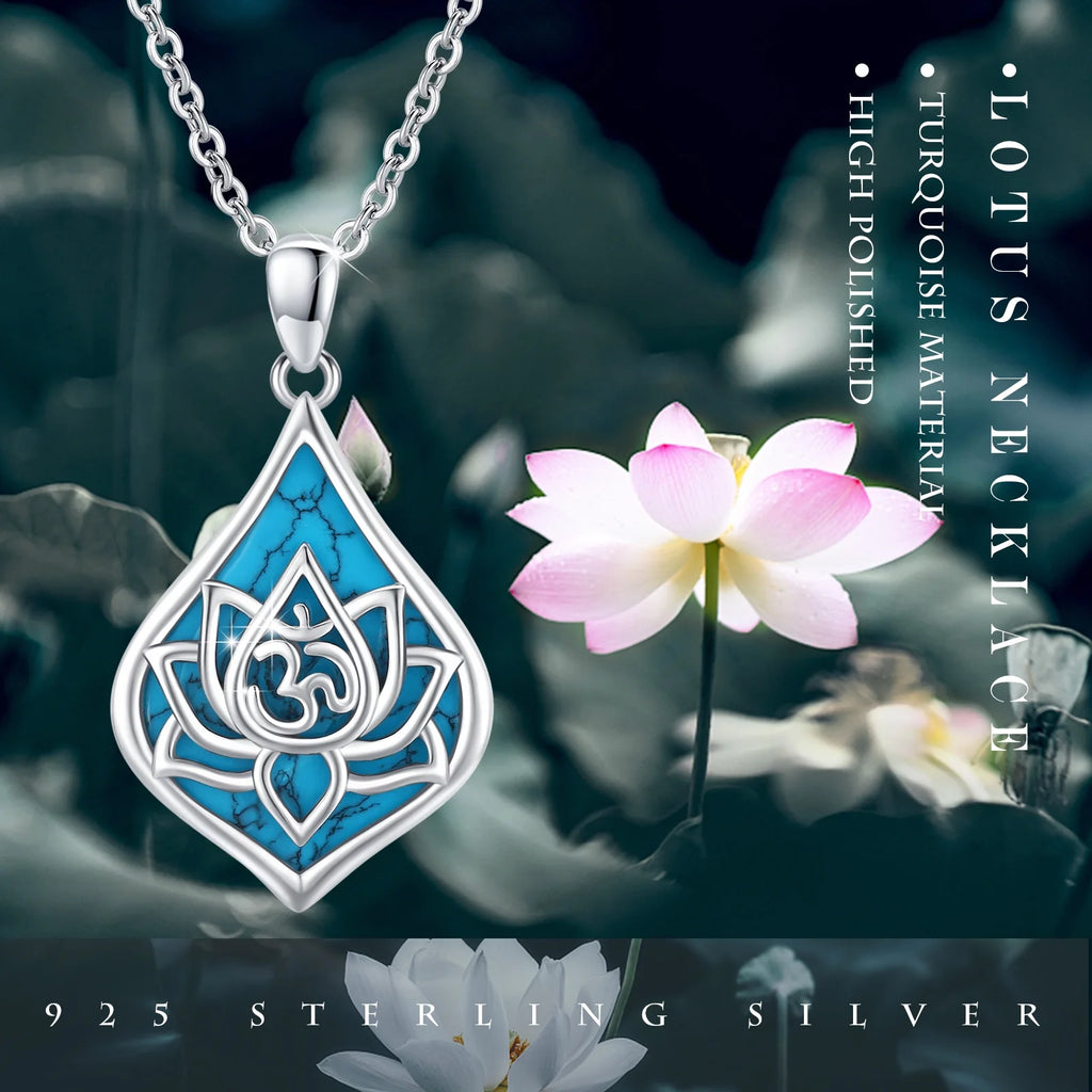 Lotus Pendant Necklace 925 Sterling Silver Turquoise Jewelry 18K White Gold Plated V629874