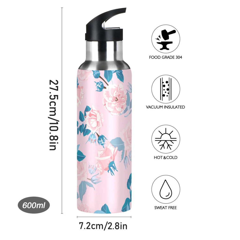 Pink Roses Flower Blue Stainless Steel Insulated Water Bottle with Straw Lid W3490