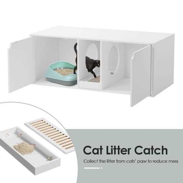 White Wood Side End Table Cat Litter Box with Double Room U906877