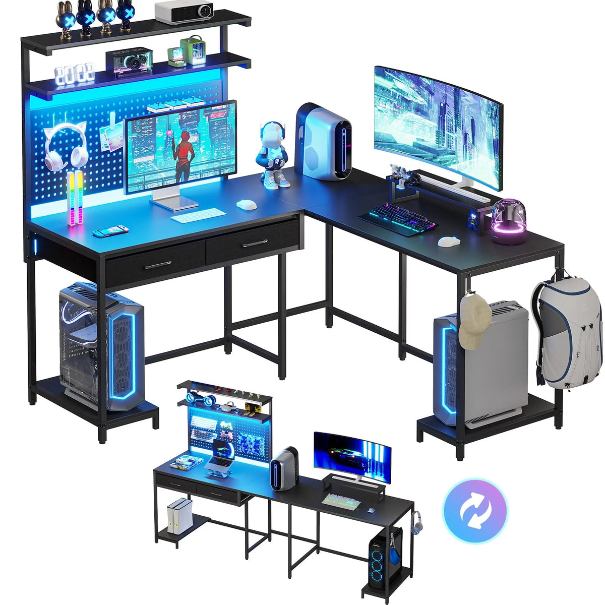 Black Reversible L-Shaped Computer Desk with Hutch and Drawers P388389