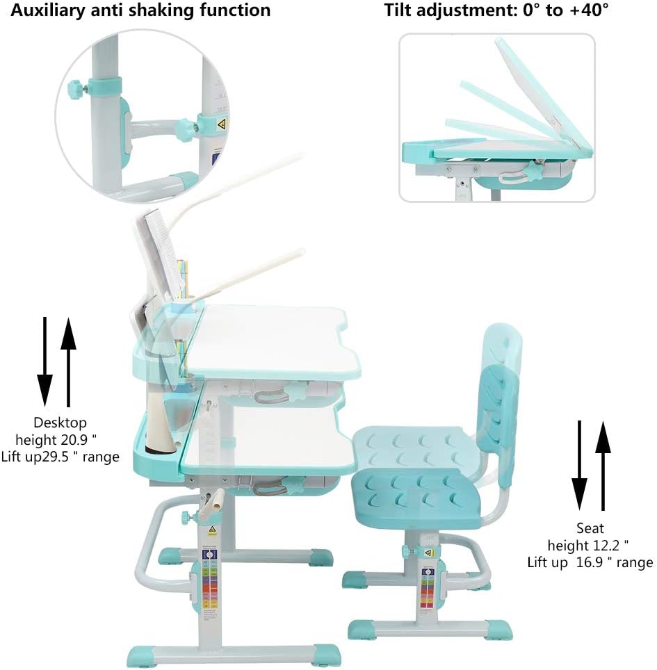 Blue-Green Children Learning Table and Chair with Desk Lamp F56728