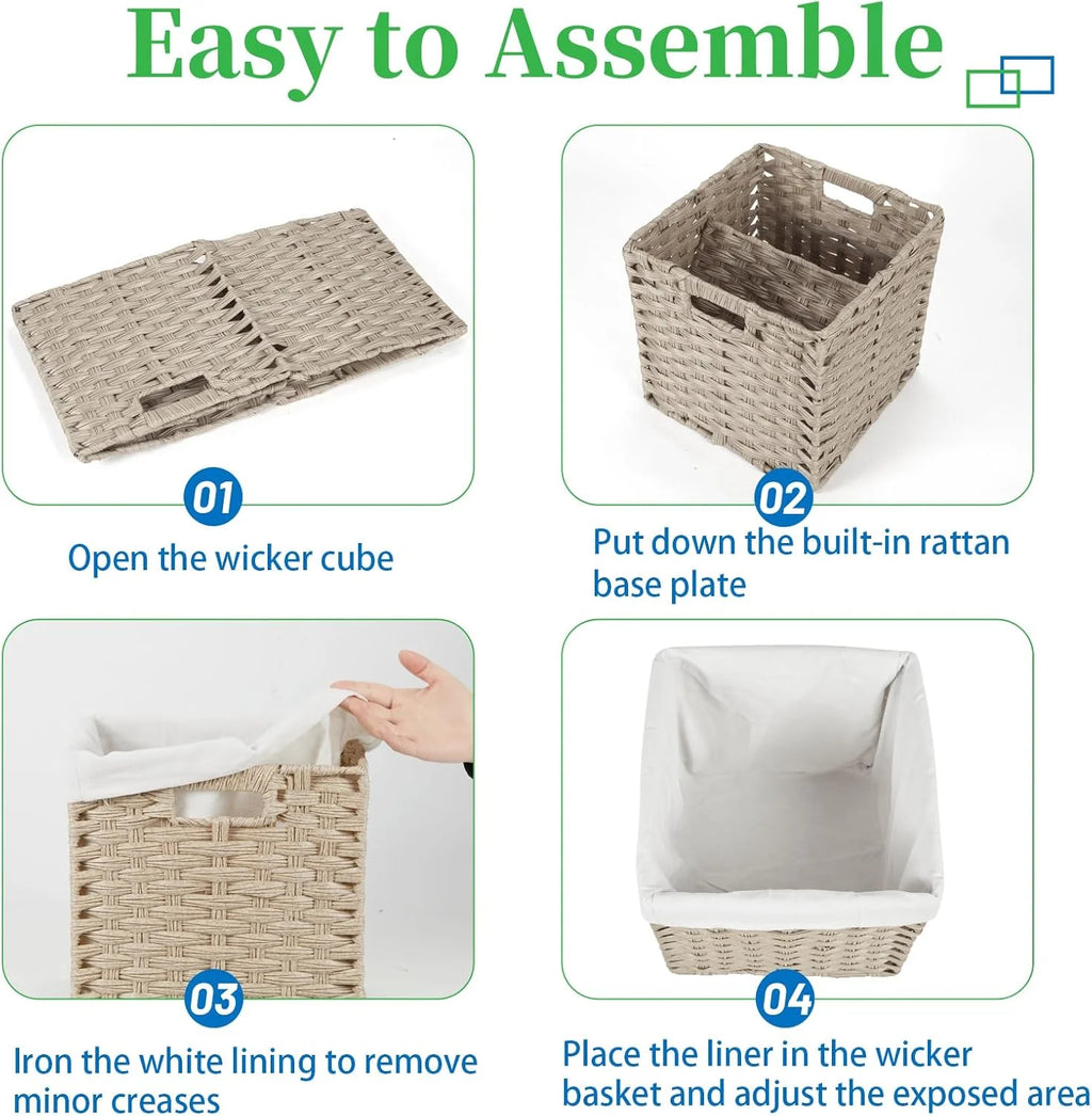4-Pack Hand-Woven Imitation Wicker Cube Storage Bins with Liners Greyish Beige L74233
