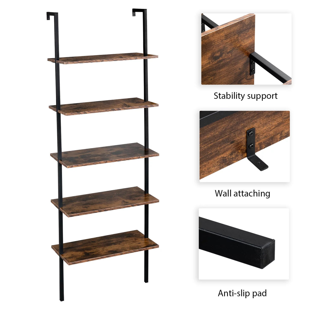 5 Tier Wall Mounted Ladder Shelf with Metal Frame and Wood Shelf Y195721