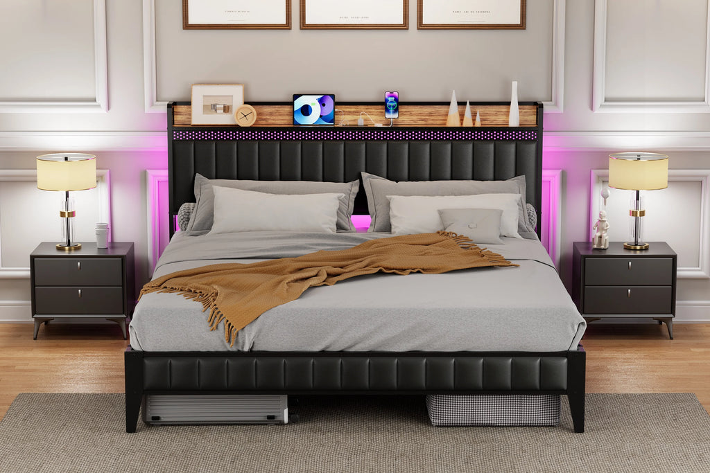 Black Upholstered Platform Bed Frame with Storage Headboard Q10629