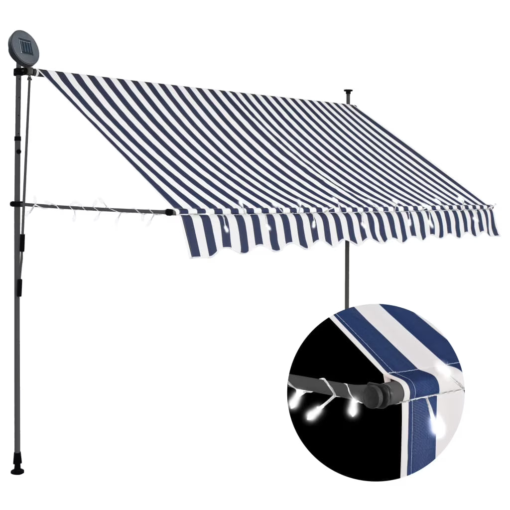 Manual Retractable Awning with LED Outdoor Door Canopy Sunshade Shelter Blue White 118.1 Inch B361711