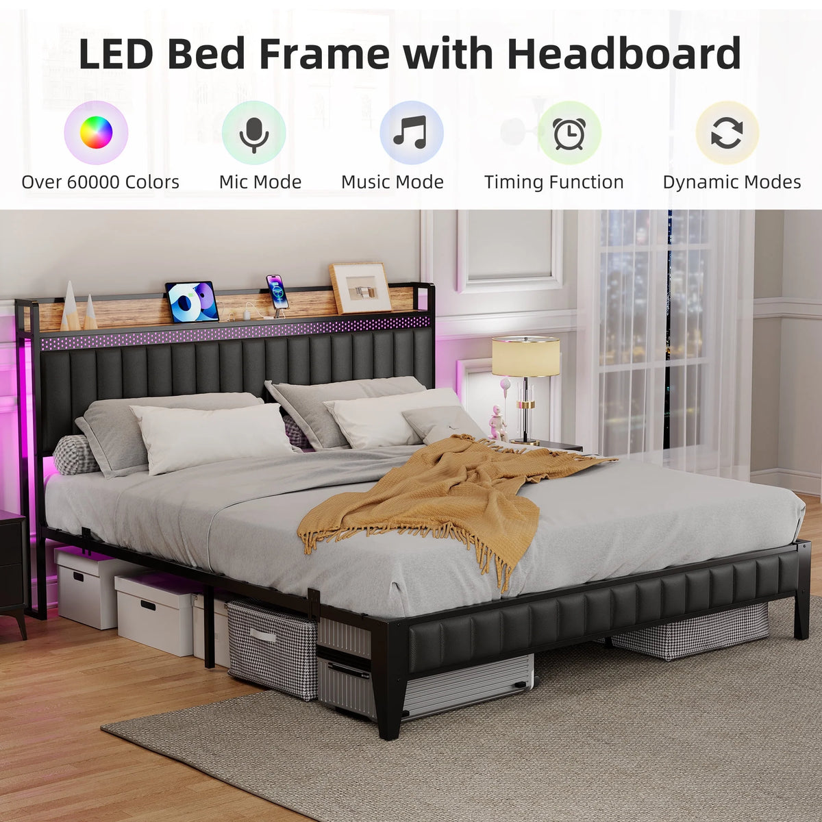 Black Upholstered Platform Bed Frame with Storage Headboard Q10629