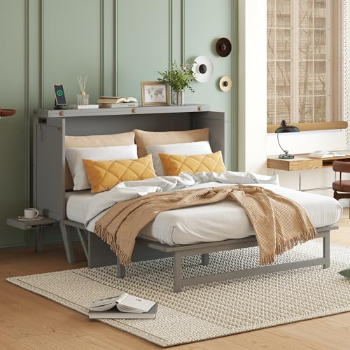 Queen Size Grey Murphy Bed with Charging Station and Drawers A84442