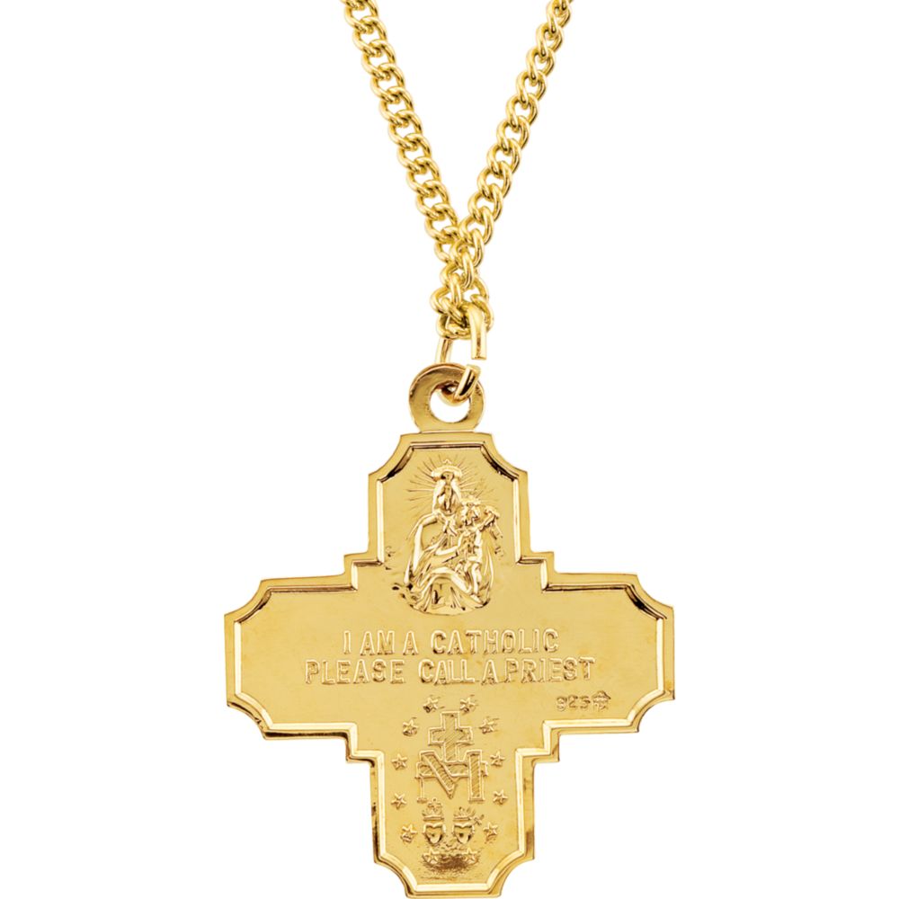 24k Gold Plated 29x29mm Polished Cross Medal Pendant Necklace With 24 Inch Chain E3952