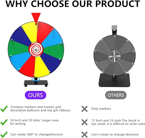 14 Inch 10 Slots Heavy Duty Color Tabletop Spinning Prize Wheel with Dry Erase Marker and Eraser O686