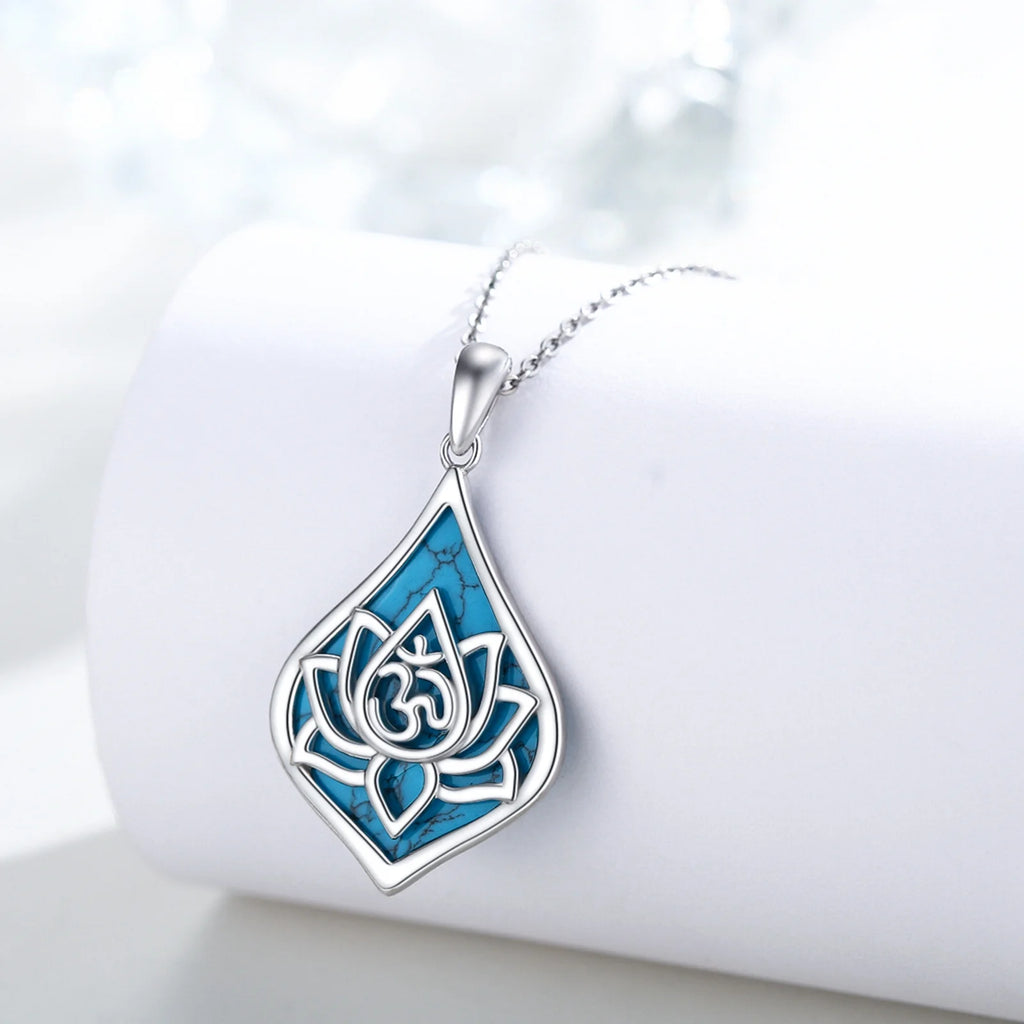 Lotus Pendant Necklace 925 Sterling Silver Turquoise Jewelry 18K White Gold Plated V629874